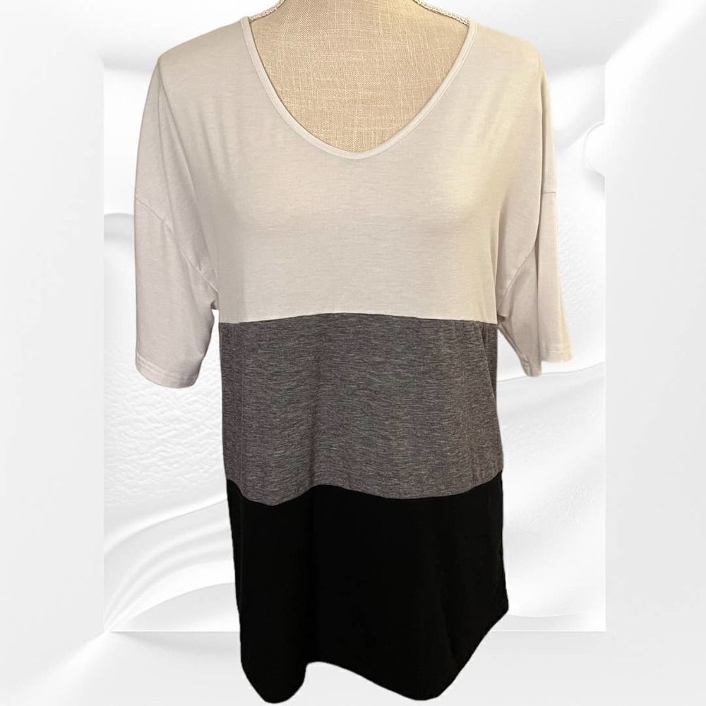 Shein 3 Tone Medium Wide Stripe V Neck Tee, Black White Gray